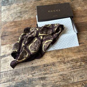 Gucci Brown and Gold Baroque Silk Scarf New in Box